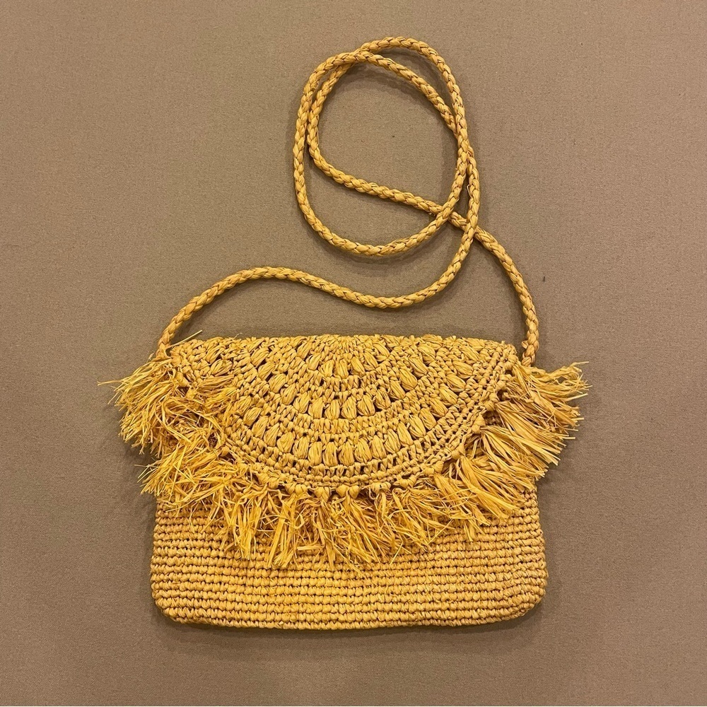Mar Y Sol Mustard Yellow Small Handmade Woven Rafia Shoulder Bag/Crossbody